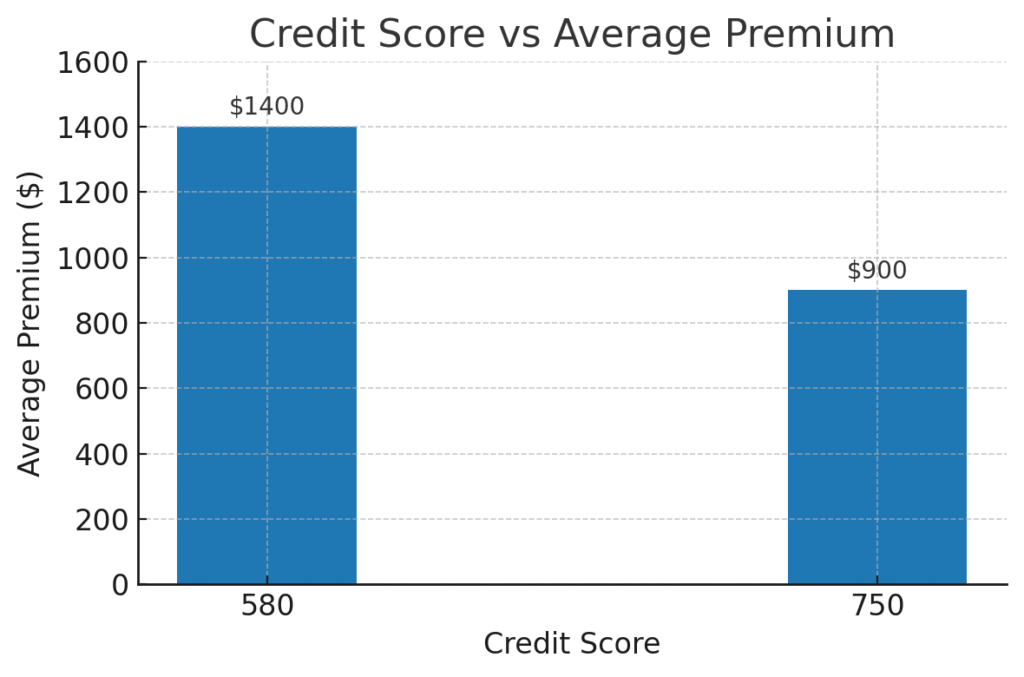 Car insurance premium comparison by credit score in 2025.