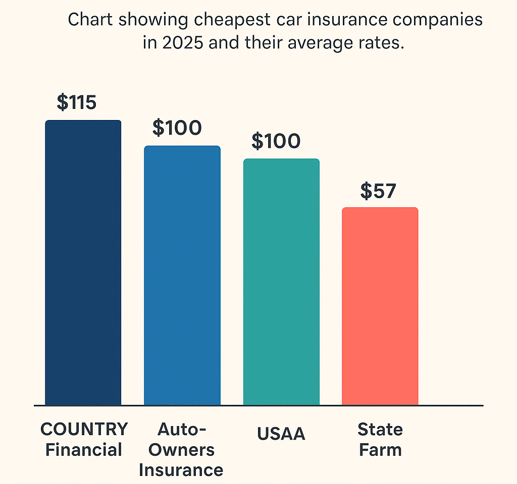 Chart showing cheapest car insurance companies in 2025 and their average rates